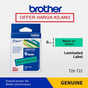 BROTHER TAPE 9MM TZE-721 BLACK ON GREEN