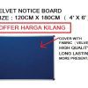 Specifications Product Name: Velvet Notice Board Board Size: 120cm x 180cm (4' x 6') Surface Material: Premium velvet fabric Board Core: High-density fiberboard Frame Material: Durable anodized aluminium frame Corner Type: Rounded ABS plastic safety corners Mounting: Wall-mountable (portrait or landscape) Available Colours: Subject to stock availability Accessories Included: Mounting screws and wall plugs (where applicable) Features Premium Velvet Surface – Soft, high-quality velvet fabric securely holds push pins while giving the board an elegant appearance. Large Display Area – The 120cm x 180cm (4' x 6') size provides ample space for notices, schedules, announcements, photos, certificates, and educational materials. Self-Healing Board Surface – Designed to minimize visible pin holes, helping maintain a neat and professional look after repeated use. Strong Aluminium Frame – Lightweight yet durable aluminium frame offers long-lasting strength and resists rust and corrosion. Safety Rounded Corners – ABS plastic corners enhance user safety by reducing sharp edges. Easy Installation – Can be mounted vertically or horizontally to suit different room layouts and display needs. Ideal for Multiple Environments – Suitable for offices, schools, universities, meeting rooms, factories, reception areas, homes, and community centres. Low Maintenance – The velvet surface is easy to clean and keeps displays looking neat and organized. Professional Presentation – Creates an attractive and organized display for important information, reminders, and promotional materials. Long-Lasting Performance – Built with quality materials for reliable everyday use in both commercial and educational settings.
