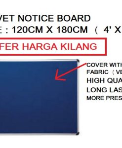 Specifications Product Name: Velvet Notice Board Board Size: 120cm x 180cm (4' x 6') Surface Material: Premium velvet fabric Board Core: High-density fiberboard Frame Material: Durable anodized aluminium frame Corner Type: Rounded ABS plastic safety corners Mounting: Wall-mountable (portrait or landscape) Available Colours: Subject to stock availability Accessories Included: Mounting screws and wall plugs (where applicable) Features Premium Velvet Surface – Soft, high-quality velvet fabric securely holds push pins while giving the board an elegant appearance. Large Display Area – The 120cm x 180cm (4' x 6') size provides ample space for notices, schedules, announcements, photos, certificates, and educational materials. Self-Healing Board Surface – Designed to minimize visible pin holes, helping maintain a neat and professional look after repeated use. Strong Aluminium Frame – Lightweight yet durable aluminium frame offers long-lasting strength and resists rust and corrosion. Safety Rounded Corners – ABS plastic corners enhance user safety by reducing sharp edges. Easy Installation – Can be mounted vertically or horizontally to suit different room layouts and display needs. Ideal for Multiple Environments – Suitable for offices, schools, universities, meeting rooms, factories, reception areas, homes, and community centres. Low Maintenance – The velvet surface is easy to clean and keeps displays looking neat and organized. Professional Presentation – Creates an attractive and organized display for important information, reminders, and promotional materials. Long-Lasting Performance – Built with quality materials for reliable everyday use in both commercial and educational settings.