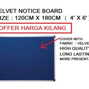 Specifications Product Name: Velvet Notice Board Board Size: 120cm x 180cm (4' x 6') Surface Material: Premium velvet fabric Board Core: High-density fiberboard Frame Material: Durable anodized aluminium frame Corner Type: Rounded ABS plastic safety corners Mounting: Wall-mountable (portrait or landscape) Available Colours: Subject to stock availability Accessories Included: Mounting screws and wall plugs (where applicable) Features Premium Velvet Surface – Soft, high-quality velvet fabric securely holds push pins while giving the board an elegant appearance. Large Display Area – The 120cm x 180cm (4' x 6') size provides ample space for notices, schedules, announcements, photos, certificates, and educational materials. Self-Healing Board Surface – Designed to minimize visible pin holes, helping maintain a neat and professional look after repeated use. Strong Aluminium Frame – Lightweight yet durable aluminium frame offers long-lasting strength and resists rust and corrosion. Safety Rounded Corners – ABS plastic corners enhance user safety by reducing sharp edges. Easy Installation – Can be mounted vertically or horizontally to suit different room layouts and display needs. Ideal for Multiple Environments – Suitable for offices, schools, universities, meeting rooms, factories, reception areas, homes, and community centres. Low Maintenance – The velvet surface is easy to clean and keeps displays looking neat and organized. Professional Presentation – Creates an attractive and organized display for important information, reminders, and promotional materials. Long-Lasting Performance – Built with quality materials for reliable everyday use in both commercial and educational settings.